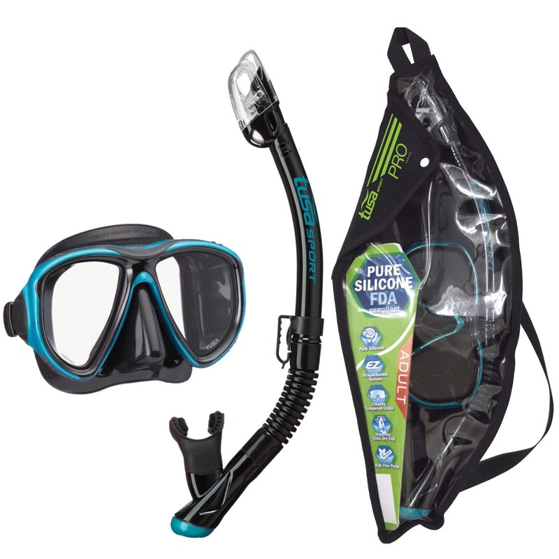 TUSA Sport Adult Powerview Mask and Dry Snorkel Combo, Black/Ocean Green (w/Reusable Bag),UC-2425P-BKOG - Image 1